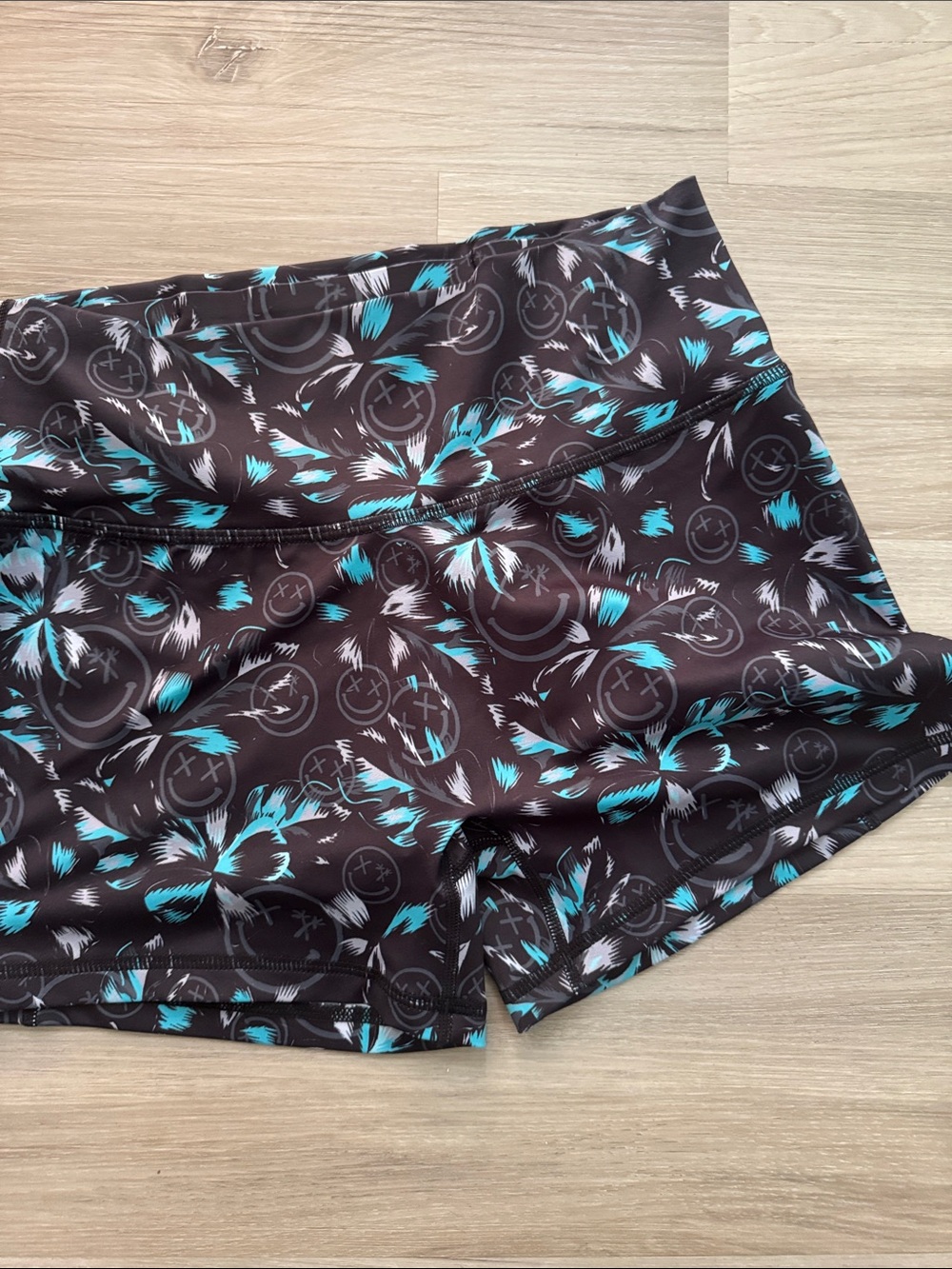 High-Rise Women’s Bike Shorts in Black with Teal & White Print